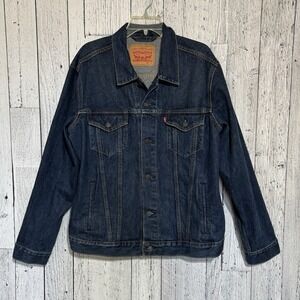 levis strauss Mens Denim Trucker Jacket Dark Wash Size L Buttons Pockets